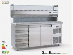 Ψυγεία πίτσας συντήρηση με επιτραπέζιο set-up PSM180PIZZA5S/2GN για 8 GN 1/4 με γρανίτη 5 ουδέτερα συρτάρια και μηχανή